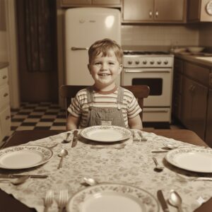Bambino anni 50 soddisfatto guarda tavola apparecchiata senza bicchieri - metafora AI che dice ho finito troppo presto